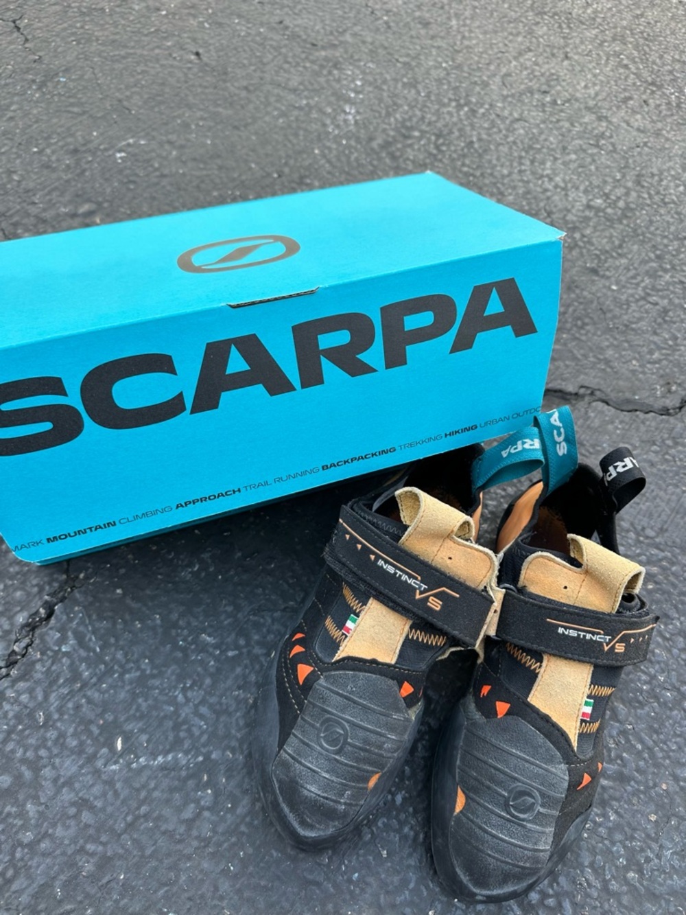 Scarpa Instinct VS Climbing Shoes — Black, Tan & Orange